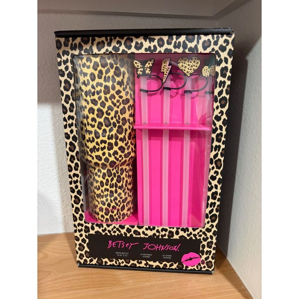 Betsey Johnson Leopard Print Water Bottle with Reusable Straws NIB
